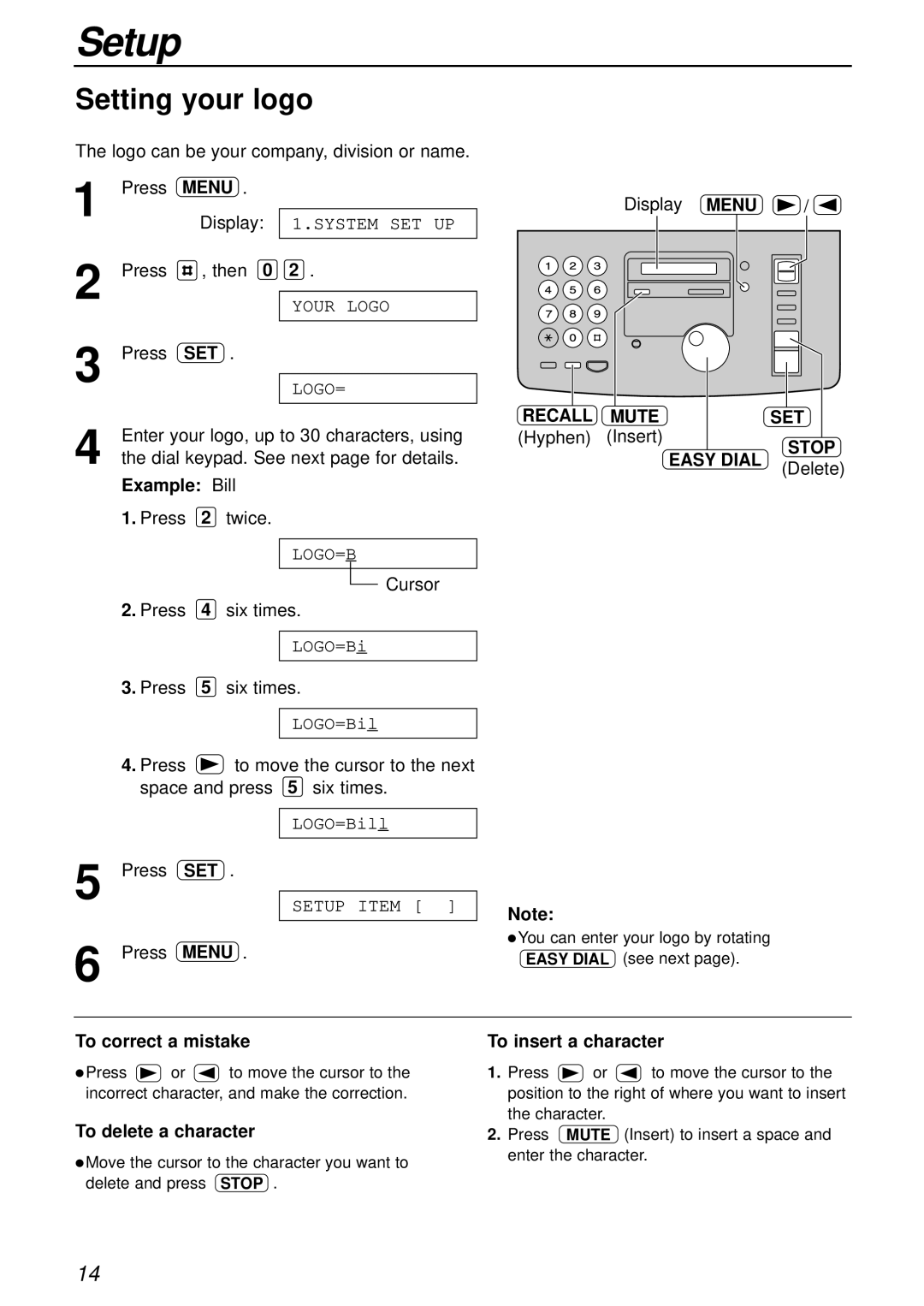 Panasonic KX-FP181E operating instructions Setting your logo, Recall Mute SET 