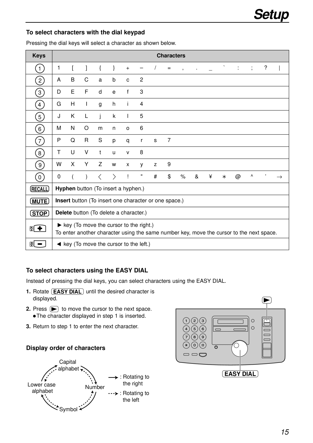 Panasonic KX-FP181E To select characters with the dial keypad, To select characters using the Easy Dial 