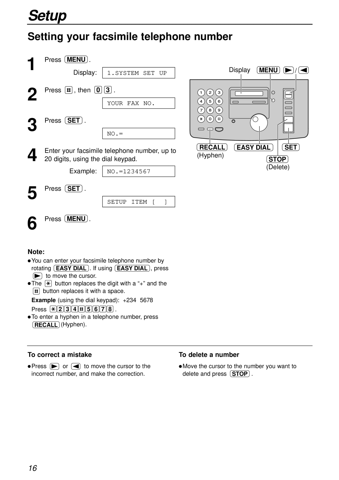 Panasonic KX-FP181E operating instructions Setting your facsimile telephone number, Recall Easy Dial SET, Stop Delete 