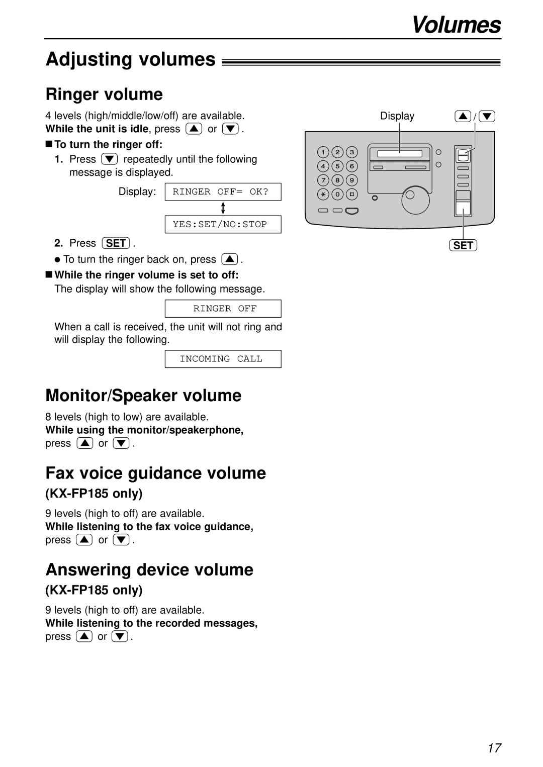 Panasonic KX-FP181E operating instructions Volumes, Adjusting volumes 