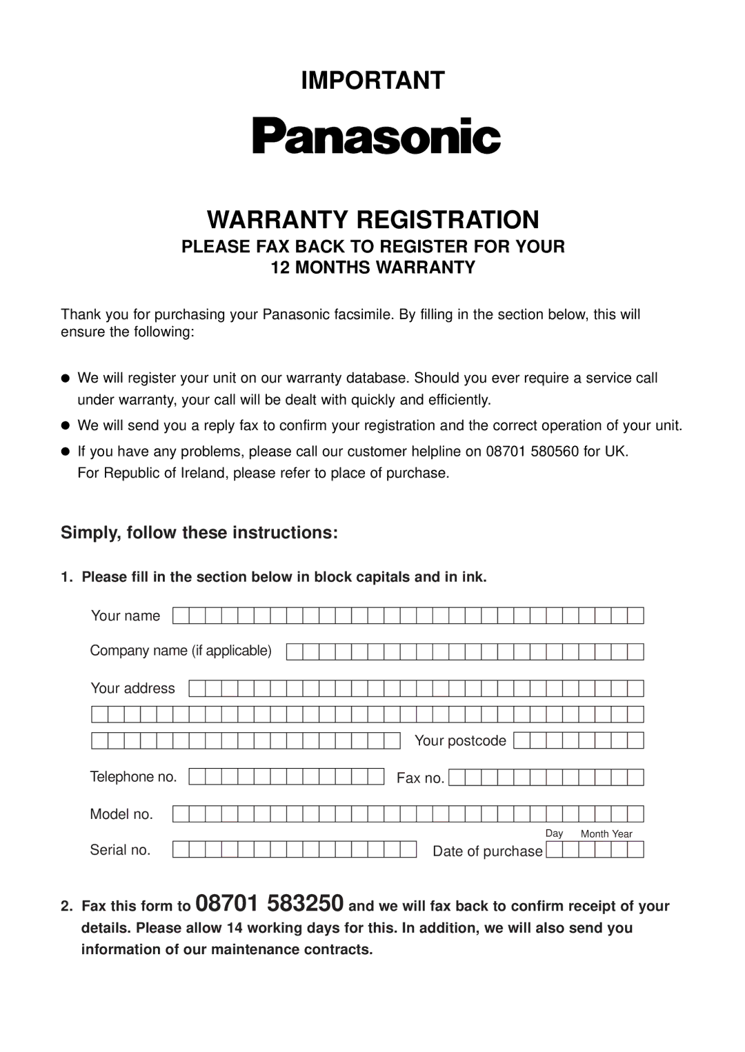 Panasonic KX-FP181E operating instructions Warranty Registration, Date of purchase 