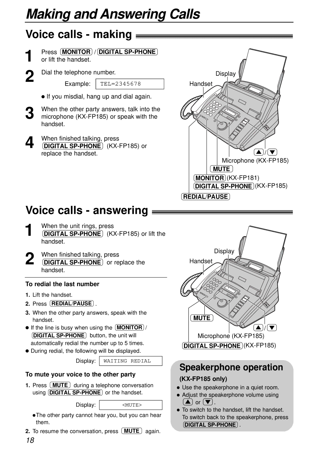 Panasonic KX-FP181E operating instructions Making and Answering Calls, Voice calls making, Voice calls answering 