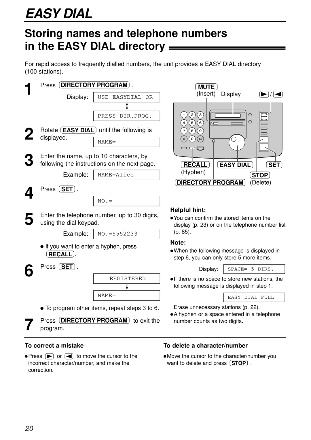 Panasonic KX-FP181E Recall, Hyphen, Directory Program Delete Helpful hint, To delete a character/number 