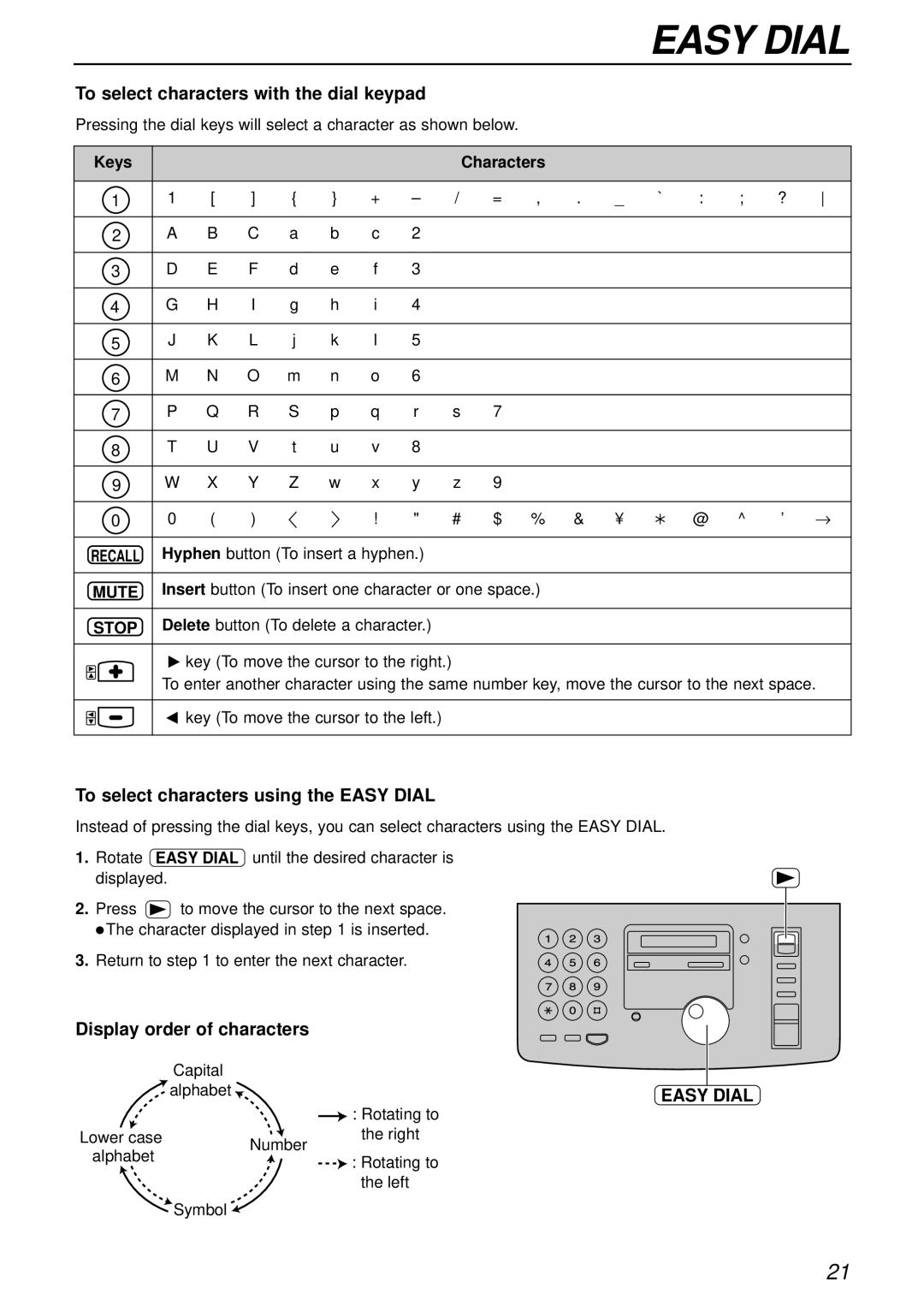 Panasonic KX-FP181E operating instructions Lower case Number Right Alphabet Rotating to Left Symbol 