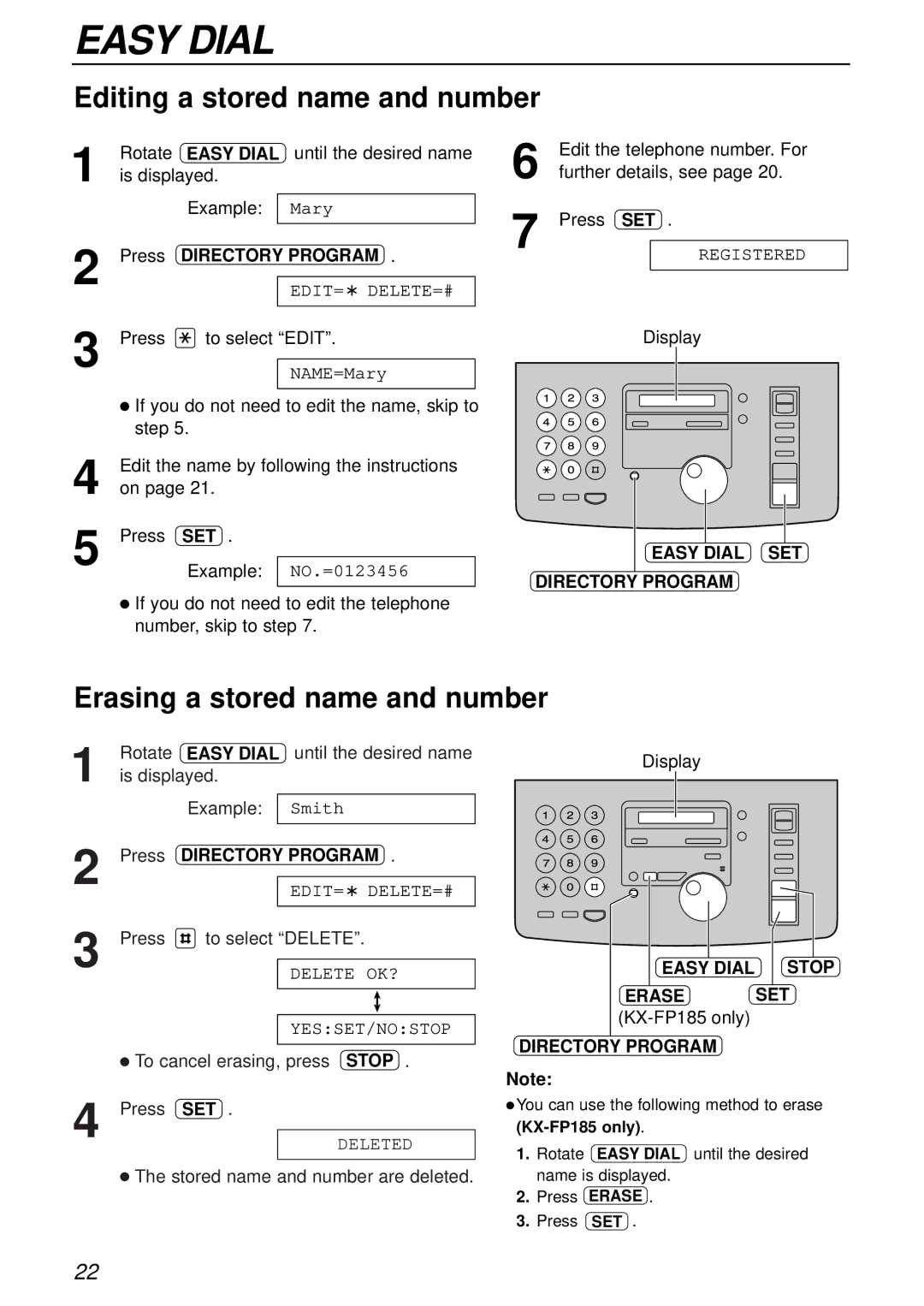 Panasonic KX-FP181E Editing a stored name and number, Erasing a stored name and number, Easy Dial SET Directory Program 