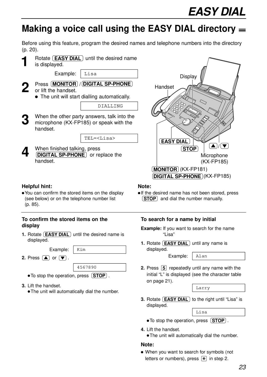 Panasonic KX-FP181E operating instructions Making a voice call using the Easy Dial directory, Monitor Digital SP-PHONE 