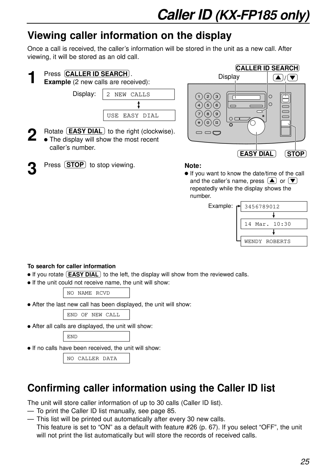 Panasonic KX-FP181E Viewing caller information on the display, Confirming caller information using the Caller ID list 