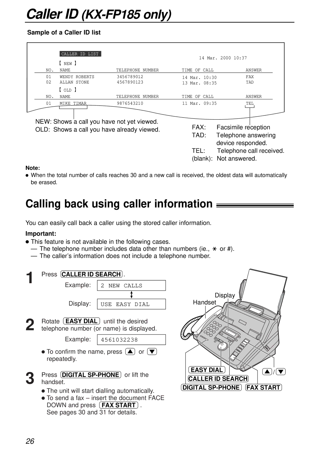 Panasonic KX-FP181E operating instructions Calling back using caller information, Sample of a Caller ID list 