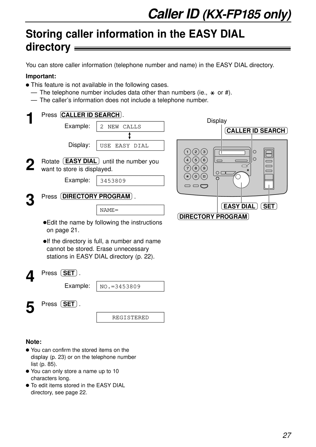 Panasonic KX-FP181E Storing caller information in the Easy Dial directory, Until the number you, Press SET Example 