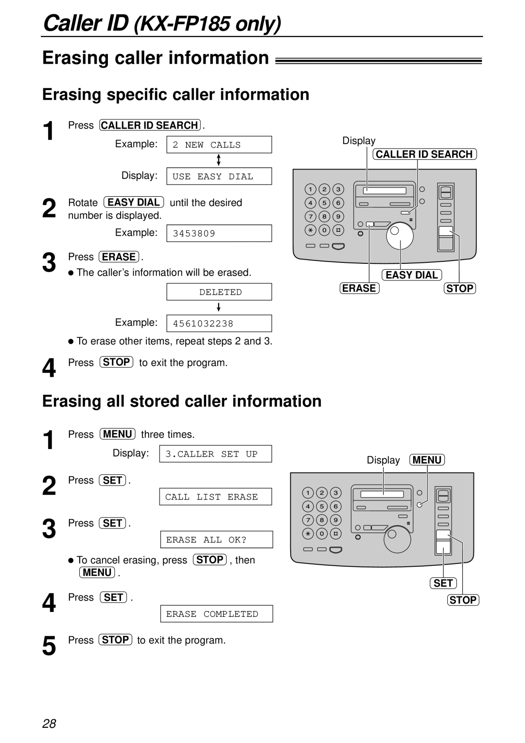 Panasonic KX-FP181E Erasing caller information, Erasing specific caller information, Erasing all stored caller information 