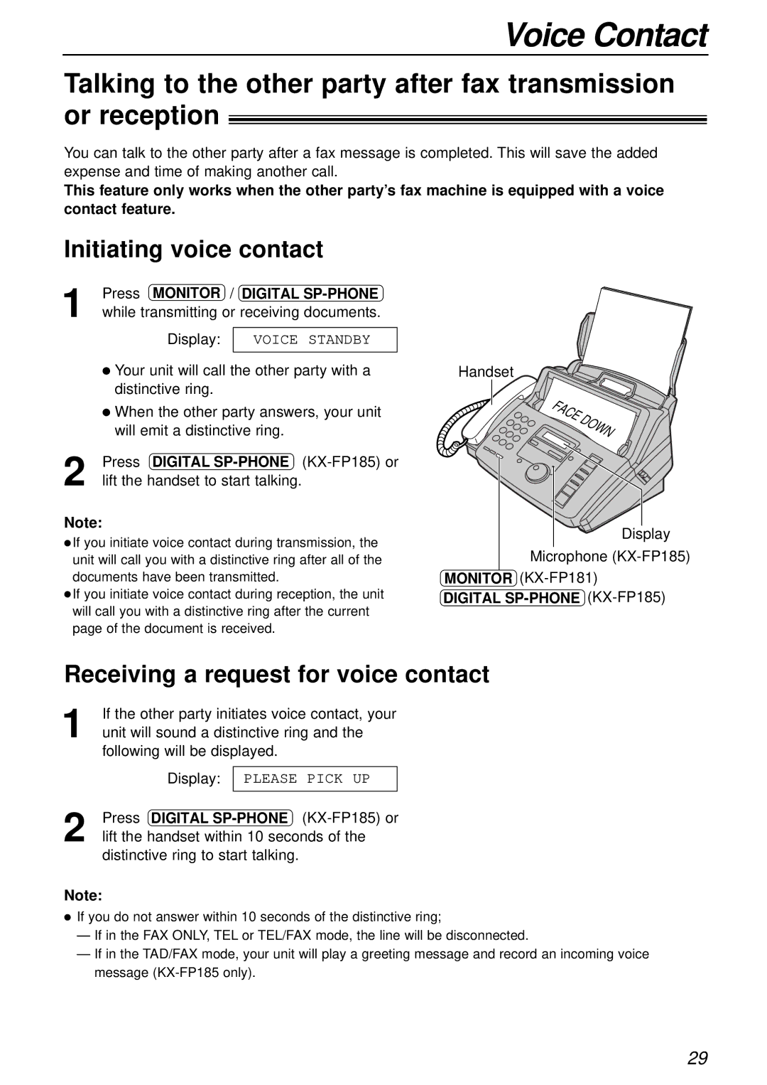 Panasonic KX-FP181E Voice Contact, Initiating voice contact, Receiving a request for voice contact, Press Monitor 