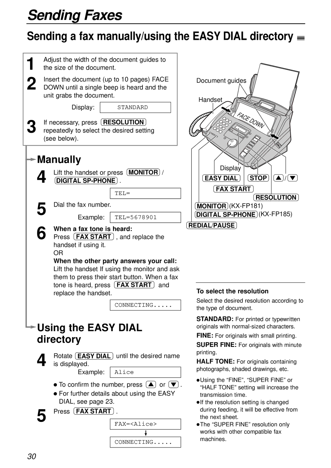 Panasonic KX-FP181E Sending Faxes, Manually, Using the Easy Dial directory, Easy Dial Stop FAX Start Resolution 