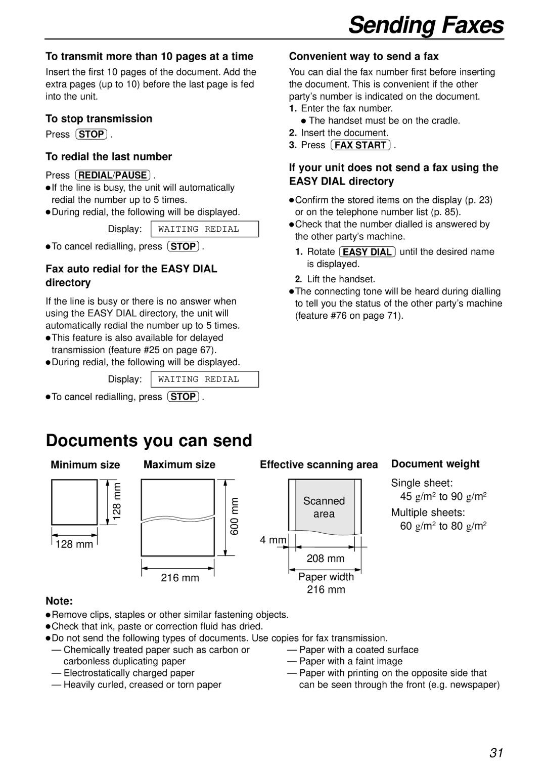 Panasonic KX-FP181E Documents you can send, To transmit more than 10 pages at a time, To stop transmission 