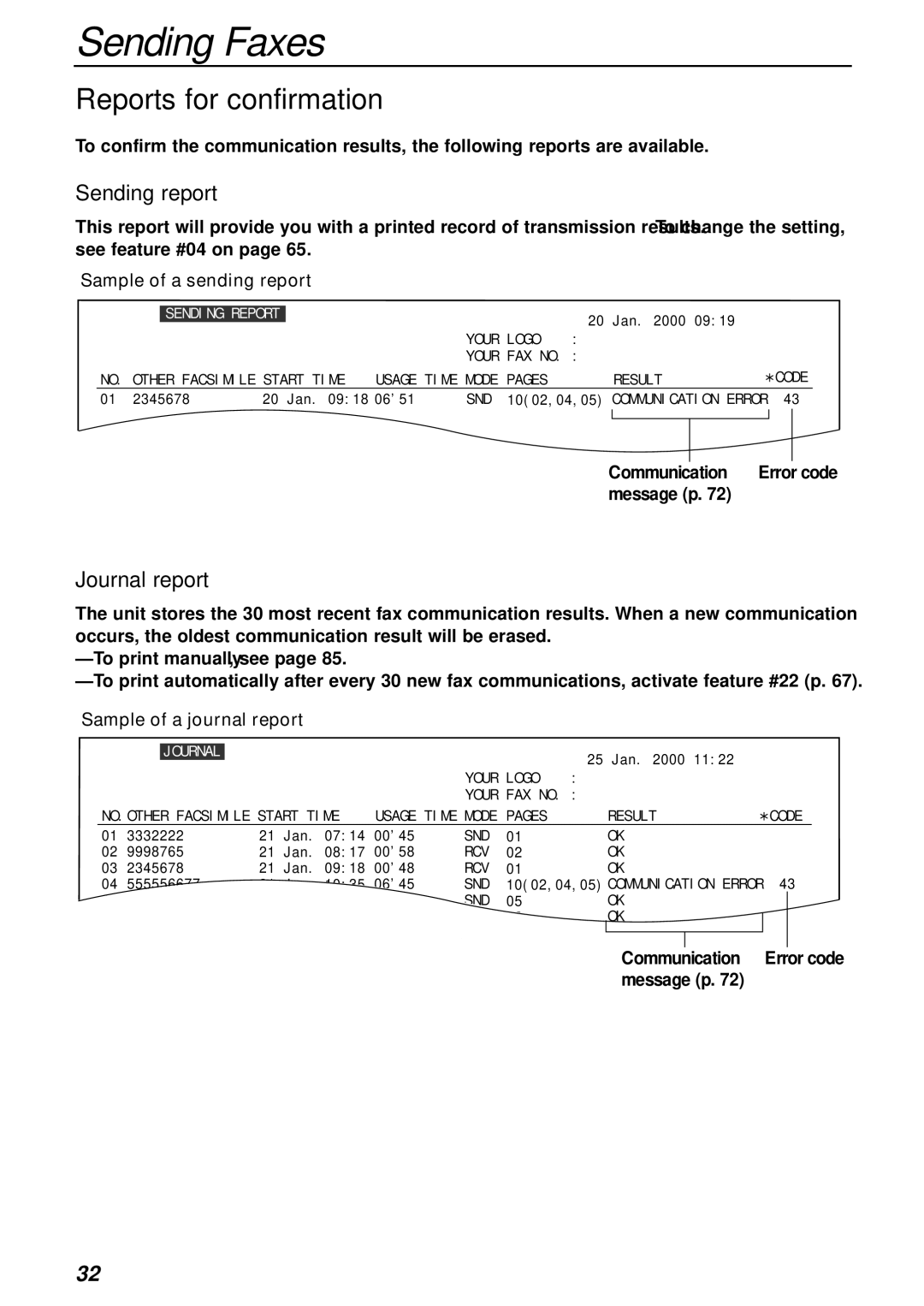 Panasonic KX-FP181E Reports for confirmation, Sample of a sending report, Communication Error code Message p 