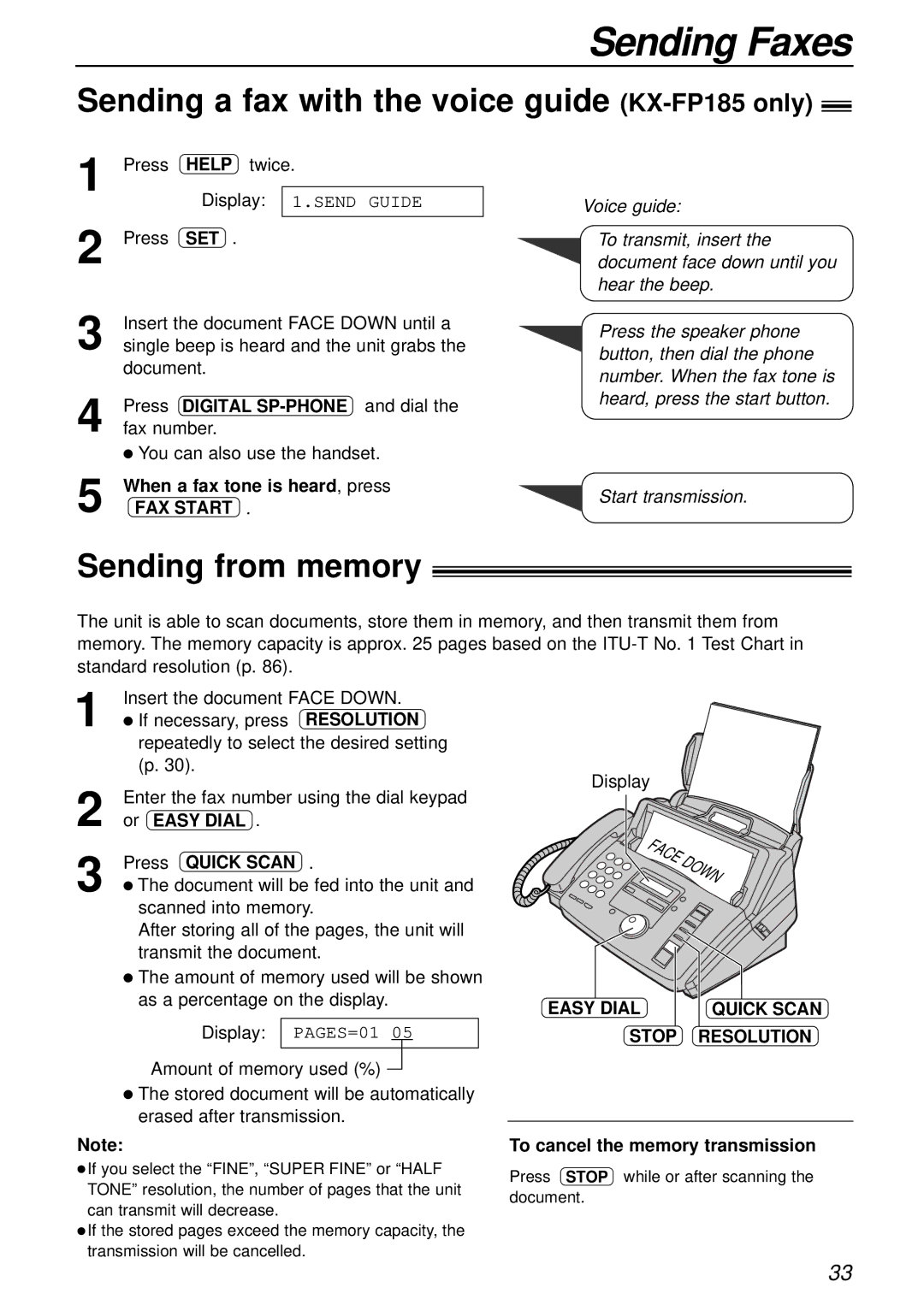 Panasonic KX-FP181E operating instructions Sending a fax with the voice guide KX-FP185 only, Sending from memory 