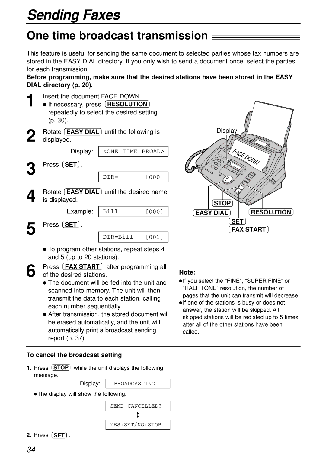 Panasonic KX-FP181E One time broadcast transmission, Insert the document Face Down If necessary, press 