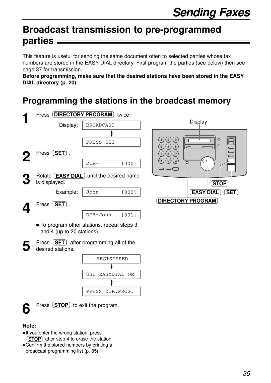 Panasonic KX-FP181E Broadcast transmission to pre-programmed parties, Programming the stations in the broadcast memory 