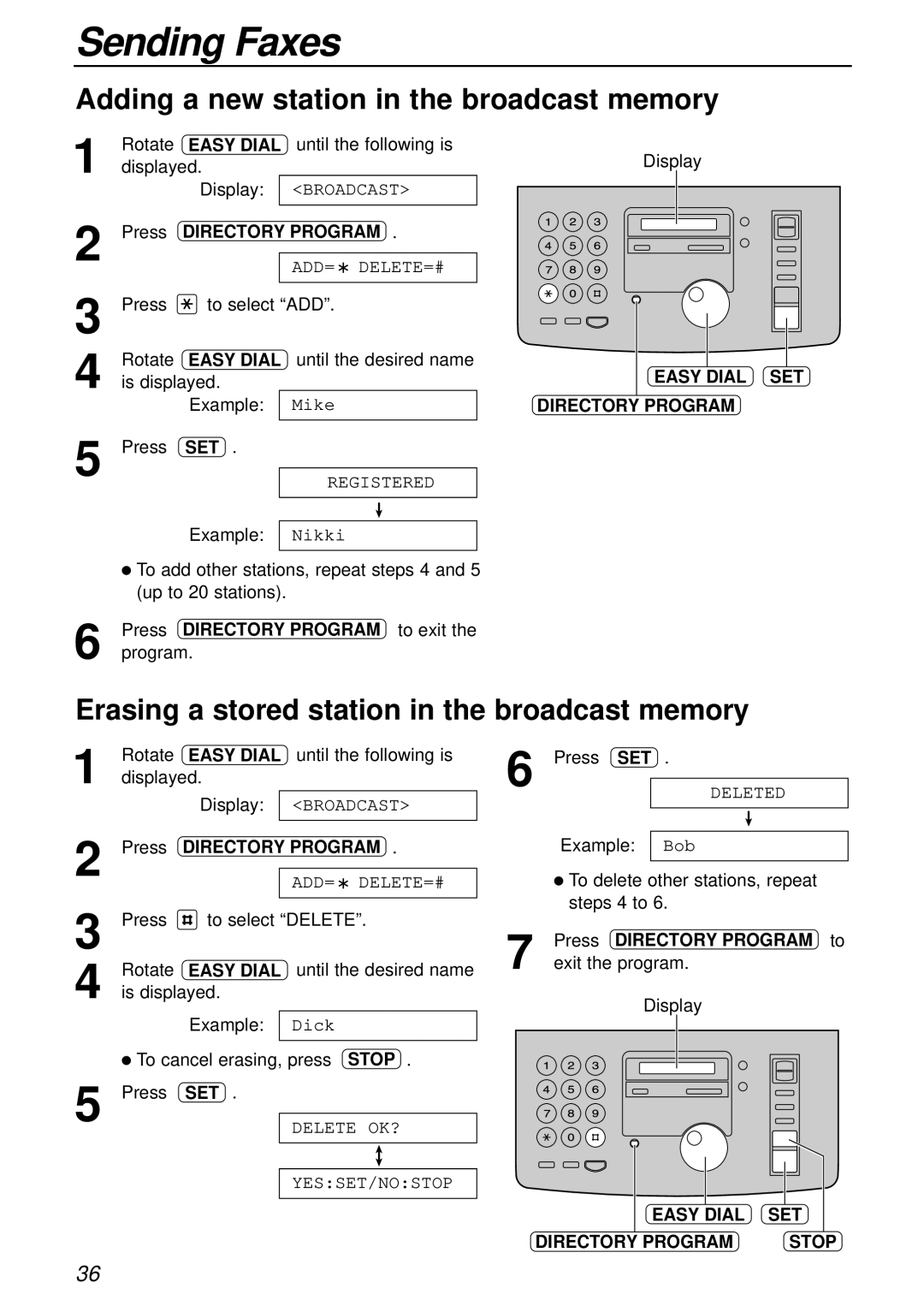 Panasonic KX-FP181E Adding a new station in the broadcast memory, Erasing a stored station in the broadcast memory 