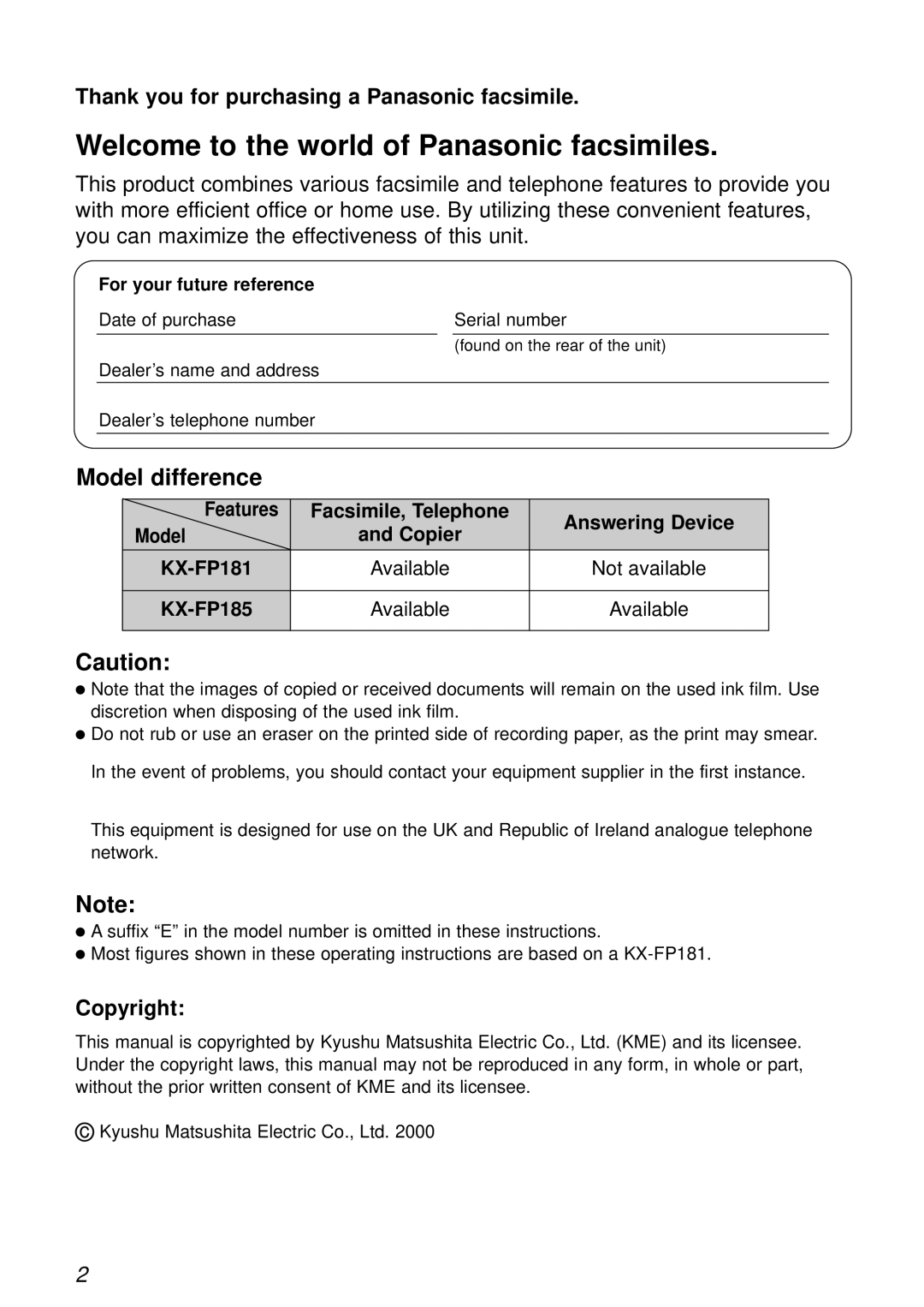 Panasonic KX-FP181E operating instructions Welcome to the world of Panasonic facsimiles, For your future reference 