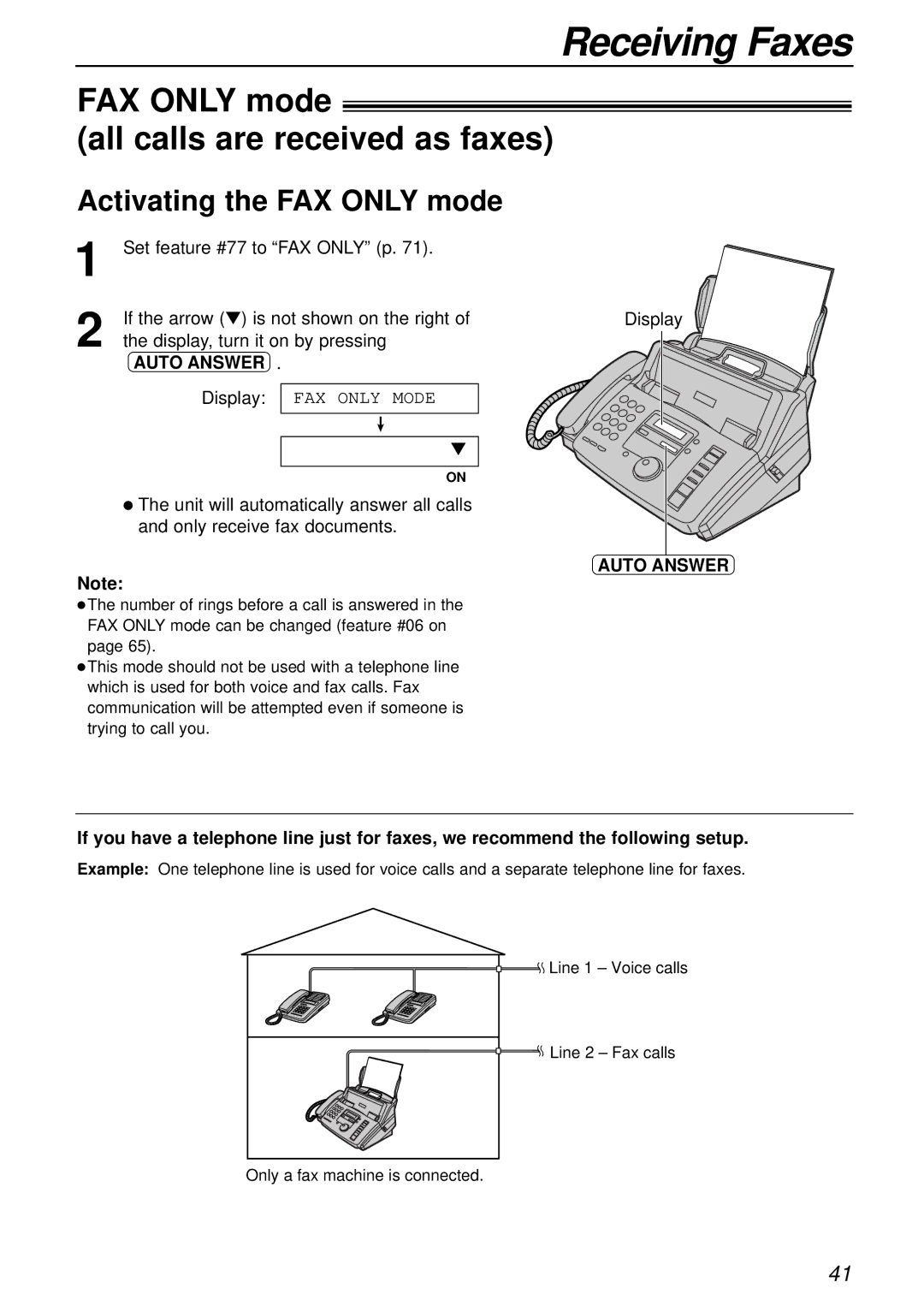 Panasonic KX-FP181E FAX only mode All calls are received as faxes, Activating the FAX only mode, Auto Answer 