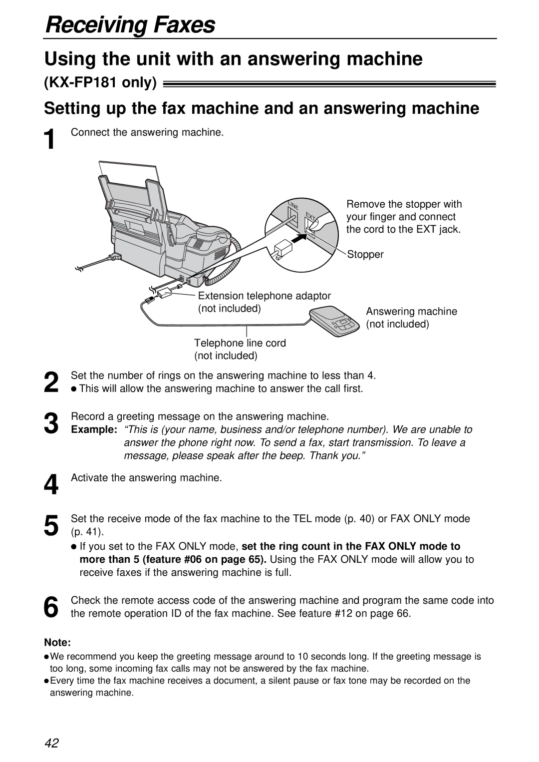 Panasonic KX-FP181E Using the unit with an answering machine, Setting up the fax machine and an answering machine 