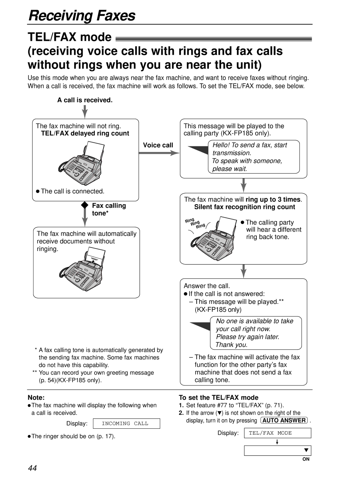 Panasonic KX-FP181E Call is received, TEL/FAX delayed ring count, Voice call, Fax calling tone, Calling party 