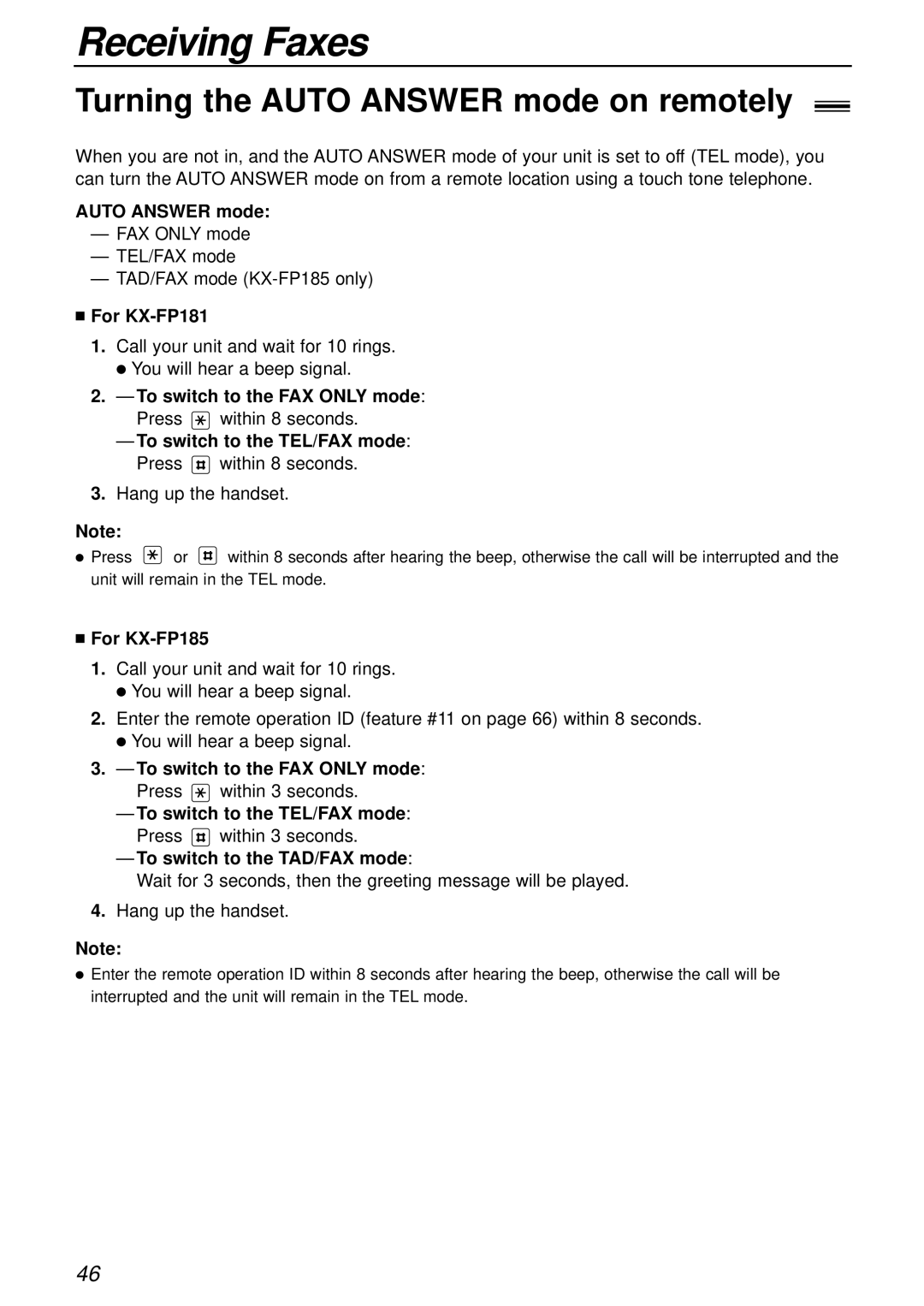 Panasonic KX-FP181E operating instructions Turning the Auto Answer mode on remotely 