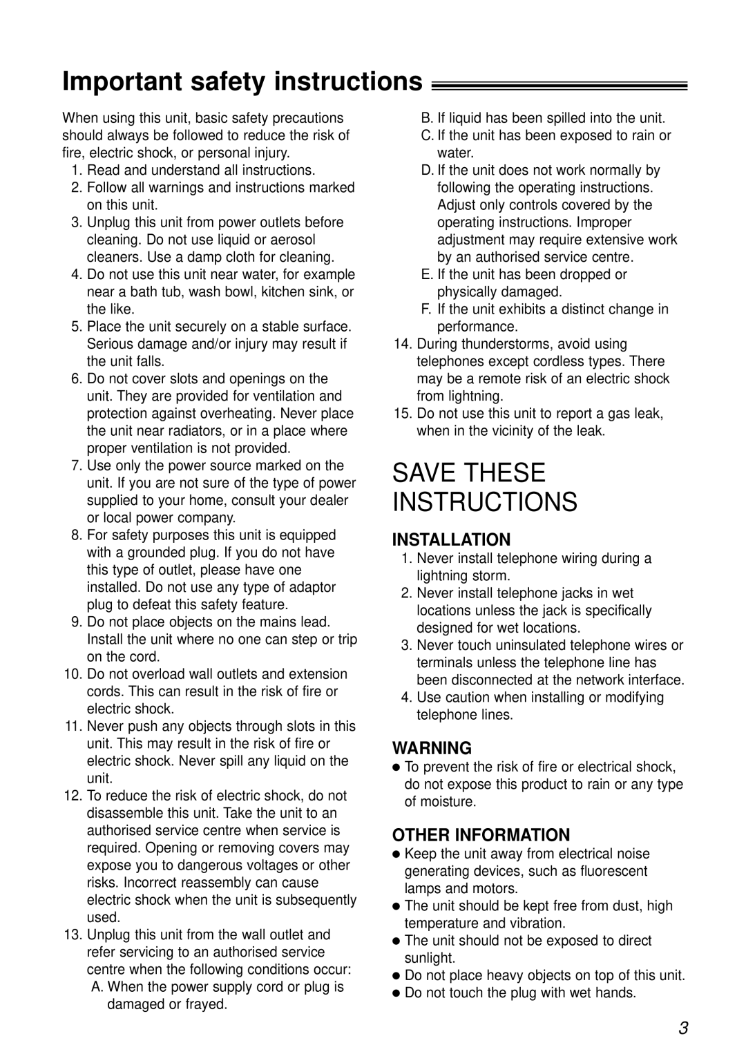 Panasonic KX-FP181E Important safety instructions, Never install telephone wiring during a lightning storm 