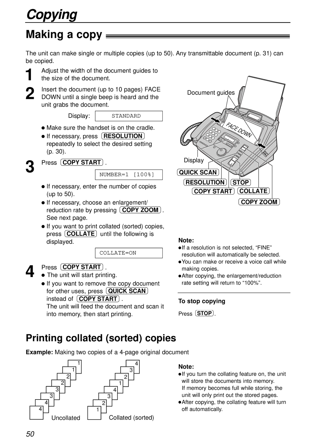 Panasonic KX-FP181E Copying, Making a copy, Printing collated sorted copies, Resolution Stop Copy Start Collate, Copy Zoom 