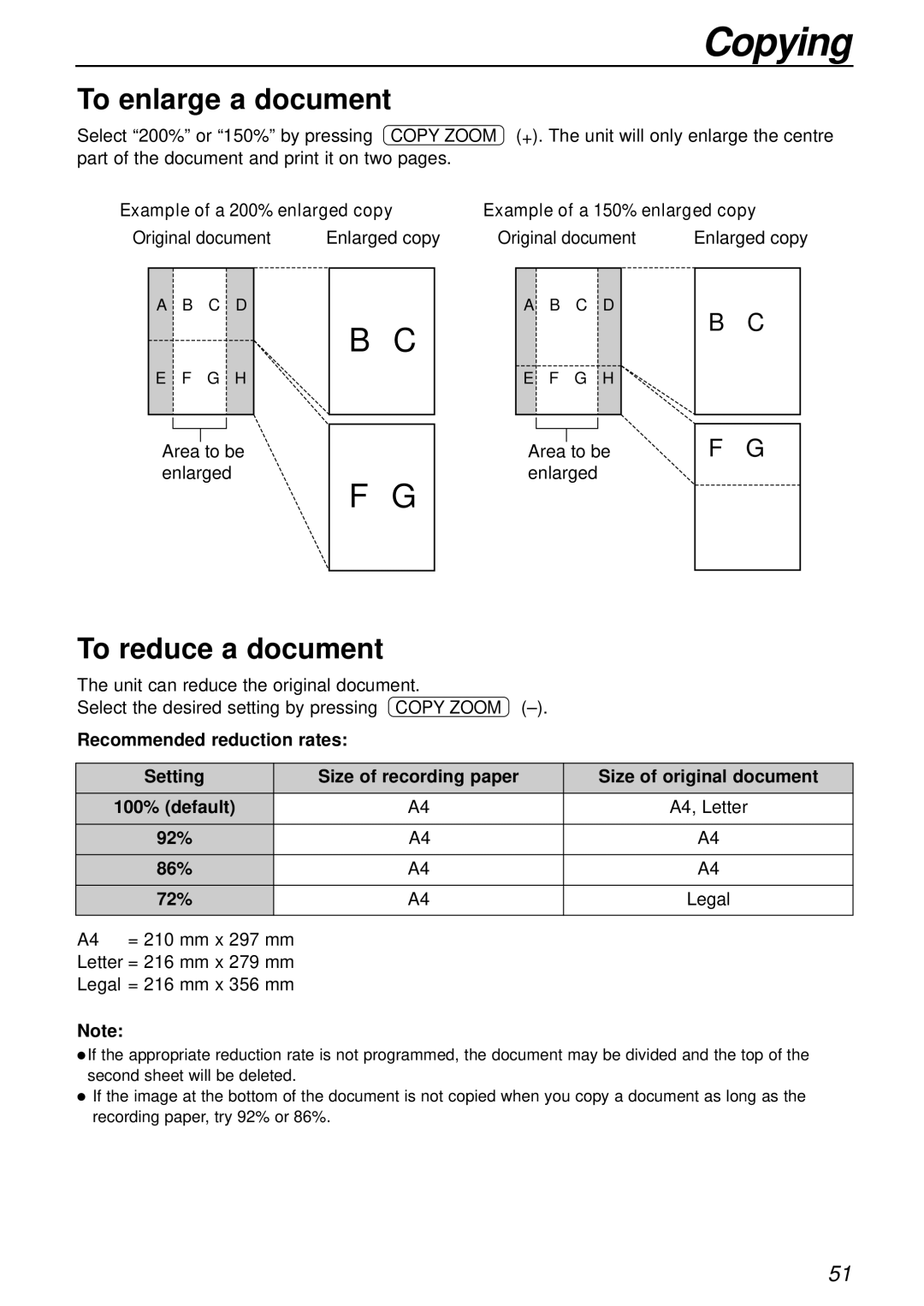 Panasonic KX-FP181E operating instructions To enlarge a document, To reduce a document, 100% default, 92% 86% 72% 