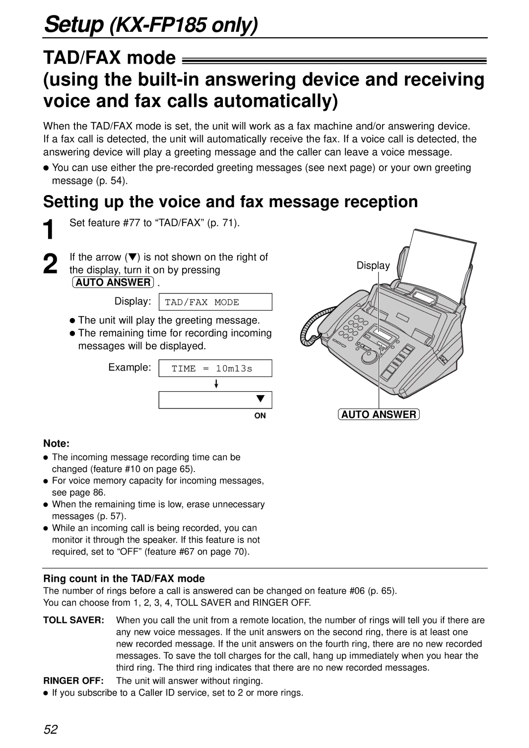 Panasonic KX-FP181E operating instructions Setting up the voice and fax message reception, Ring count in the TAD/FAX mode 