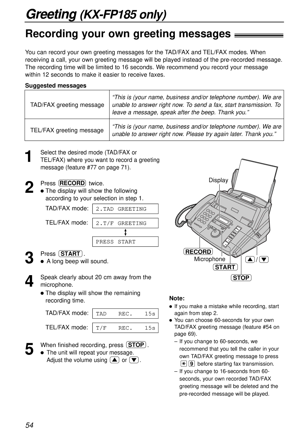 Panasonic KX-FP181E operating instructions Recording your own greeting messages, Suggested messages, Microphone, Start Stop 