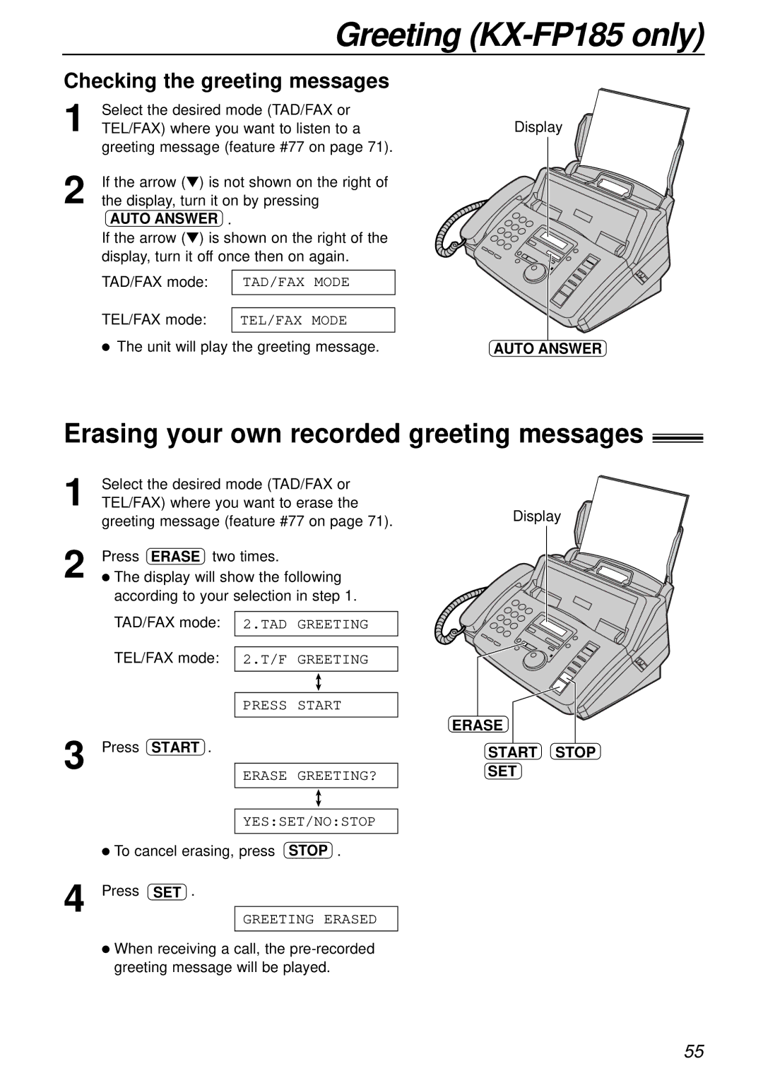 Panasonic KX-FP181E Erasing your own recorded greeting messages, Checking the greeting messages, Erase Start Stop SET 