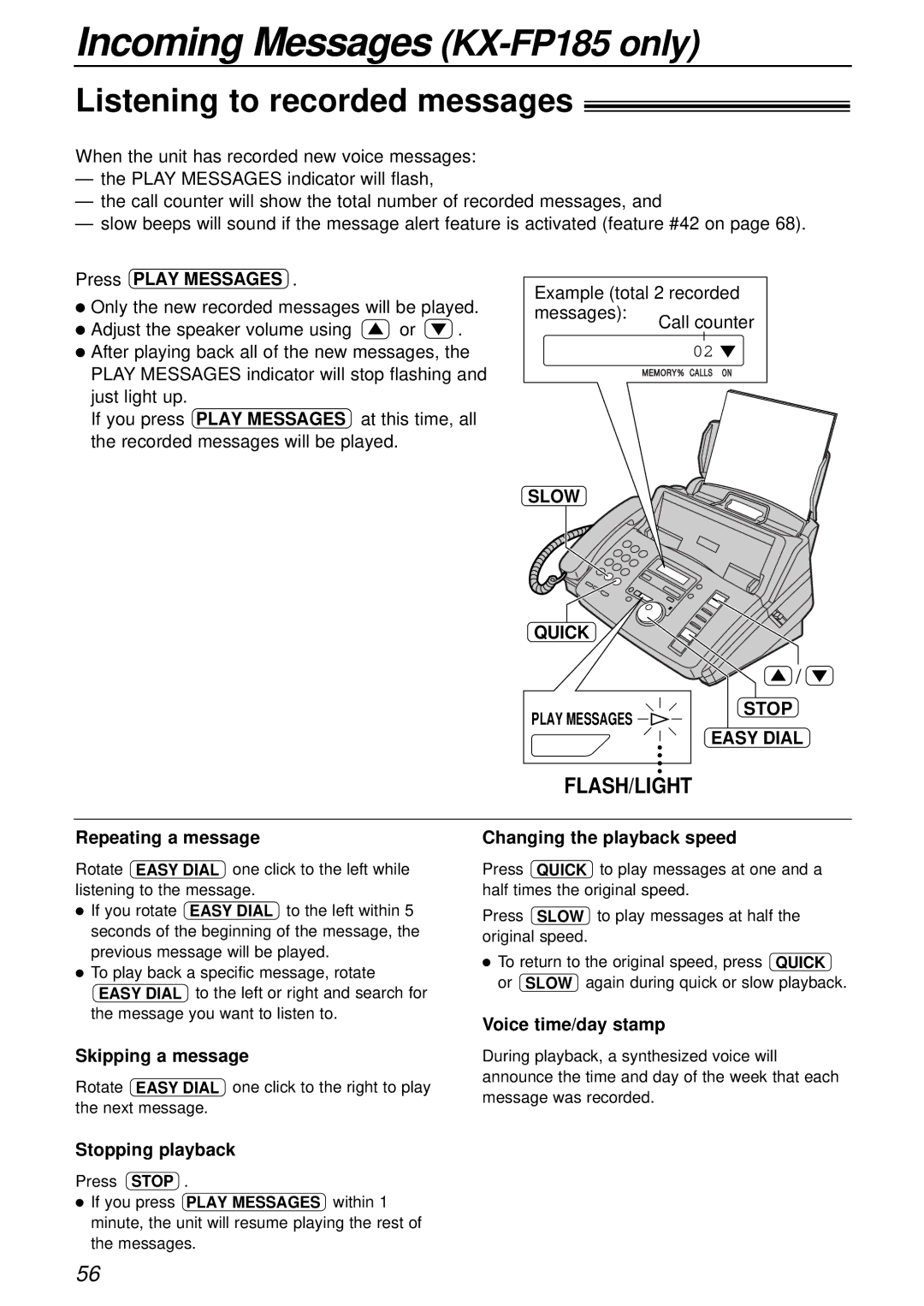 Panasonic KX-FP181E Incoming Messages KX-FP185 only, Listening to recorded messages, Slow Quick, Stop Easy Dial 