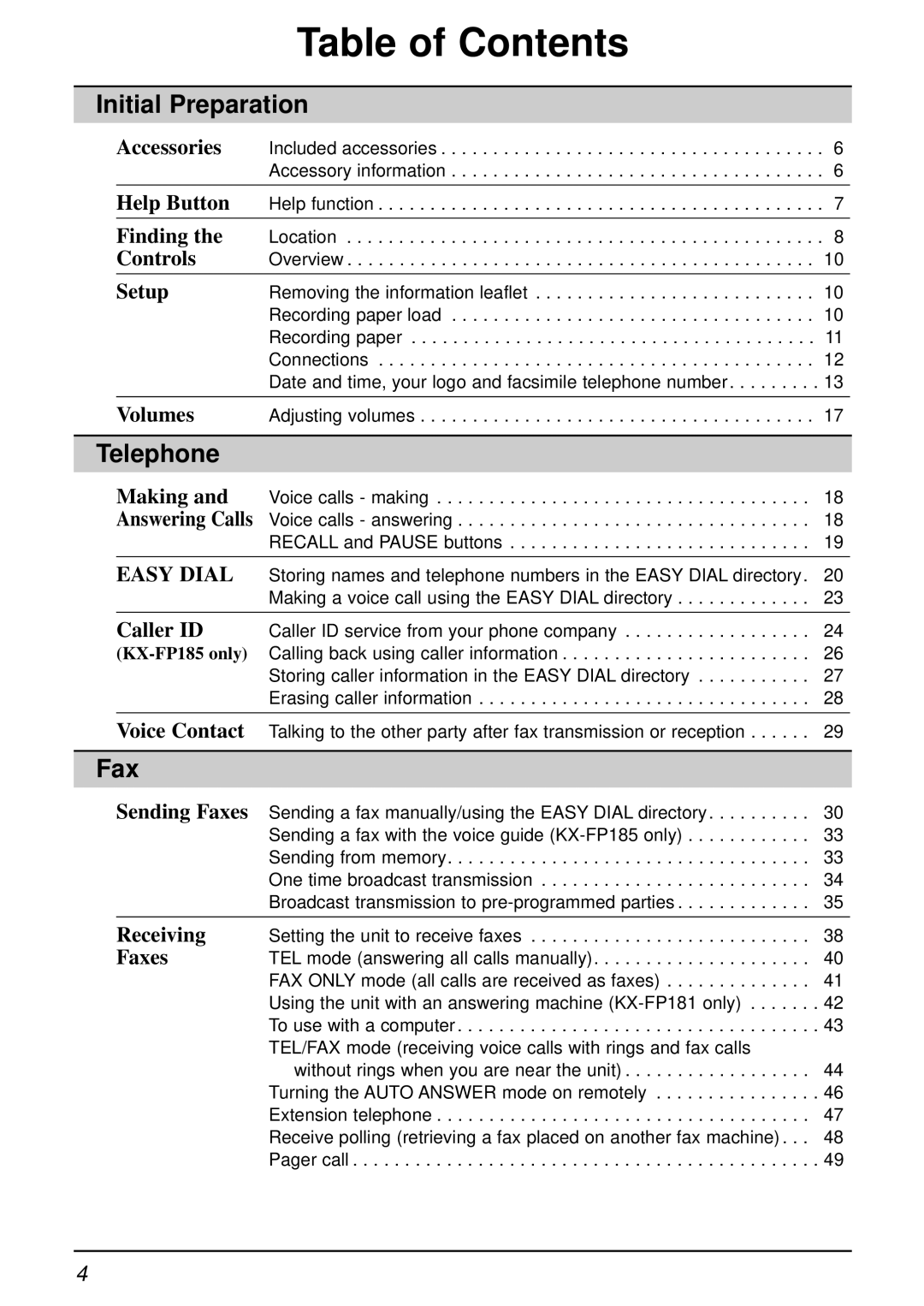 Panasonic KX-FP181E operating instructions Table of Contents 