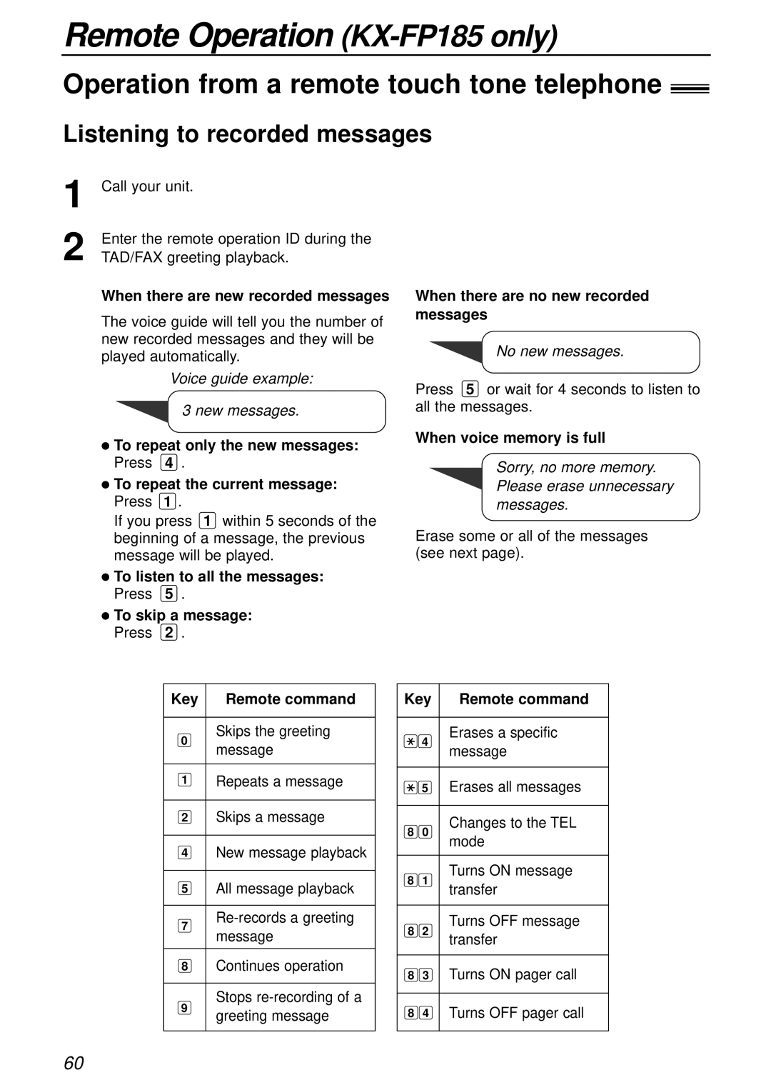 Panasonic KX-FP181E operating instructions Operation from a remote touch tone telephone, Listening to recorded messages 