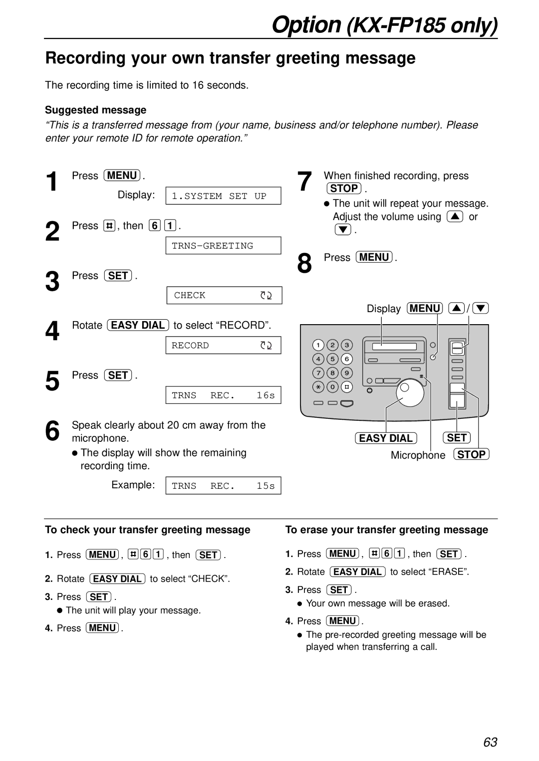 Panasonic KX-FP181E operating instructions Recording your own transfer greeting message, Suggested message 