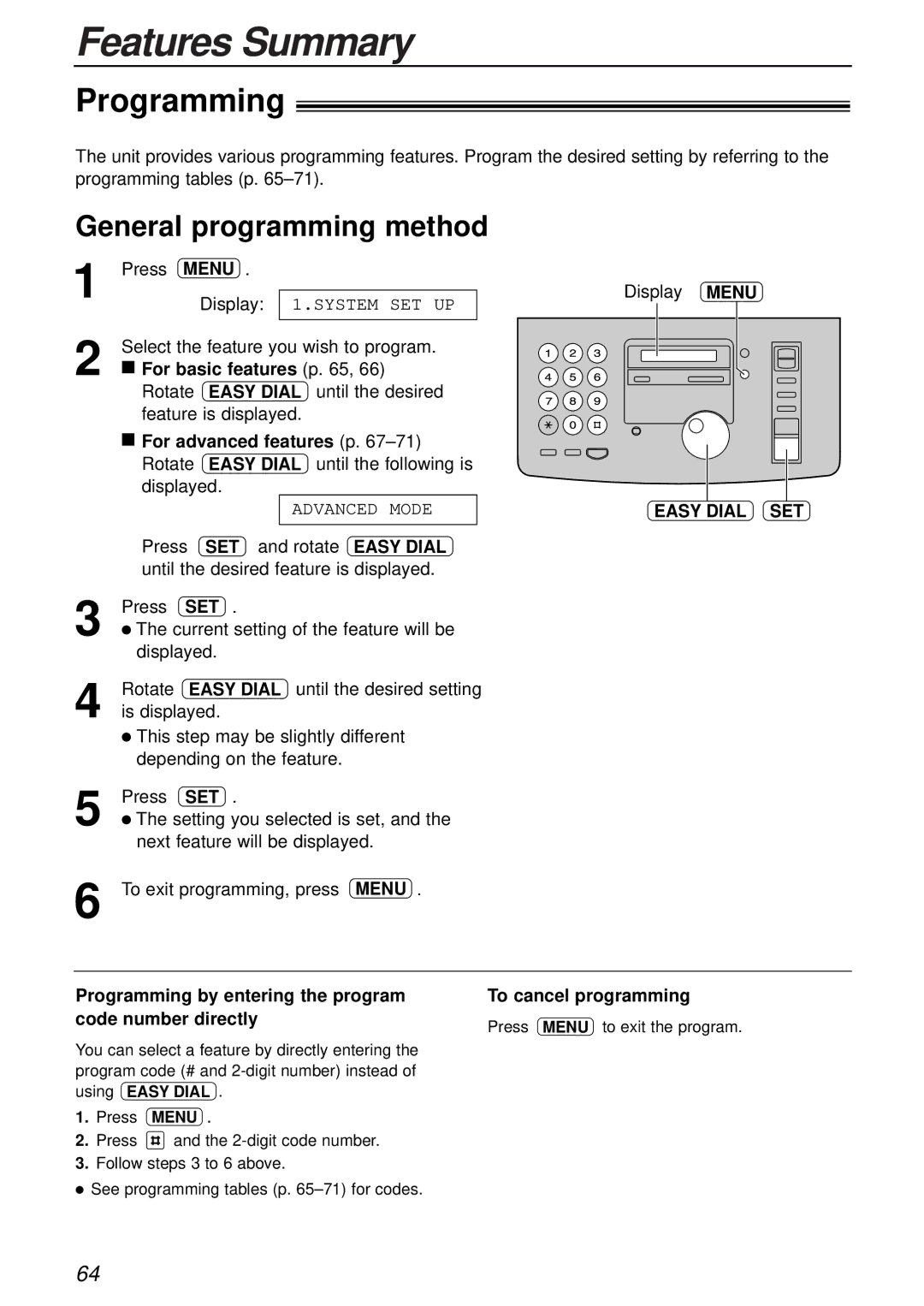 Panasonic KX-FP181E operating instructions Features Summary, Programming, General programming method 