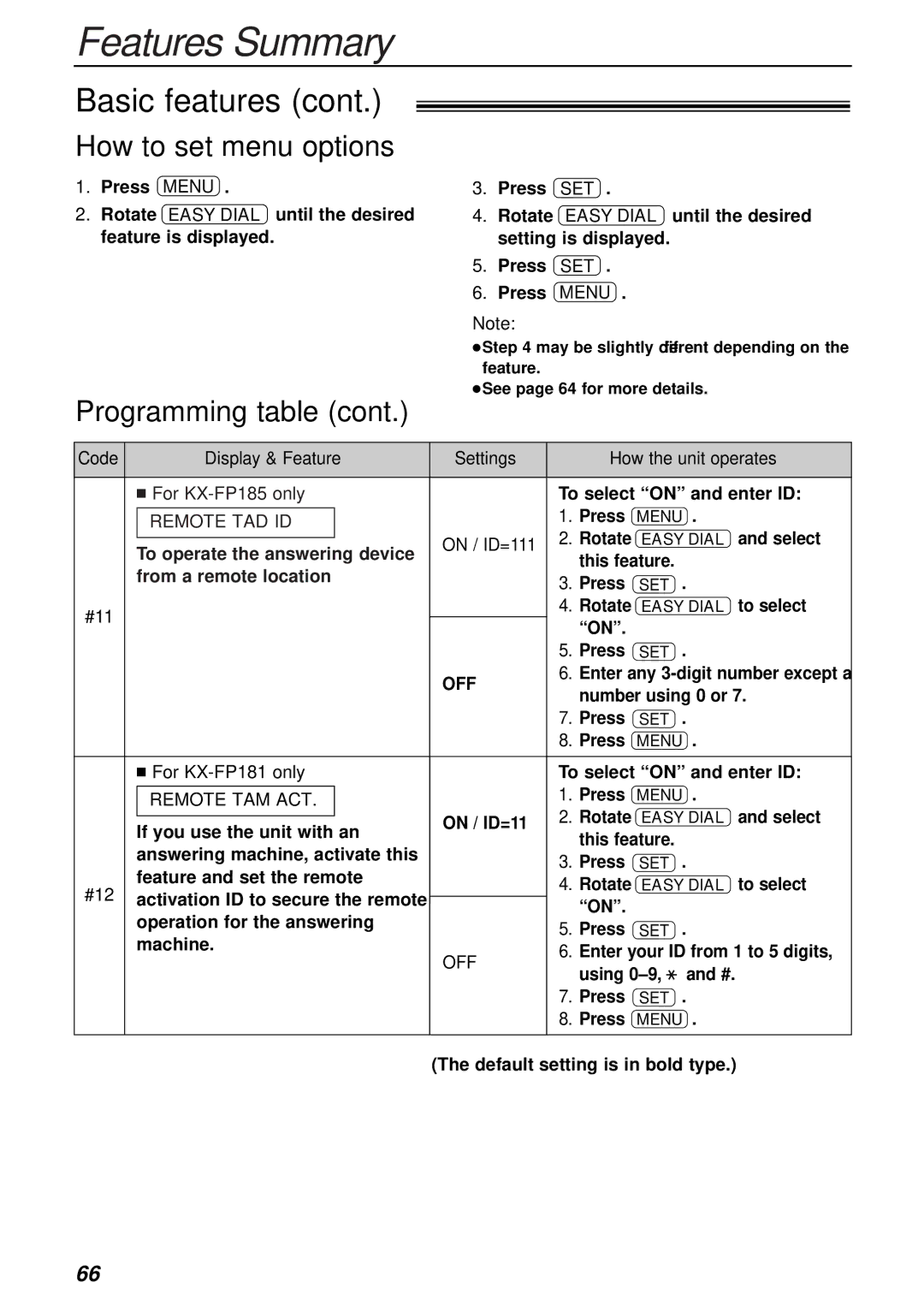 Panasonic KX-FP181E operating instructions How to set menu options, On / ID=111, #11, #12, Off 