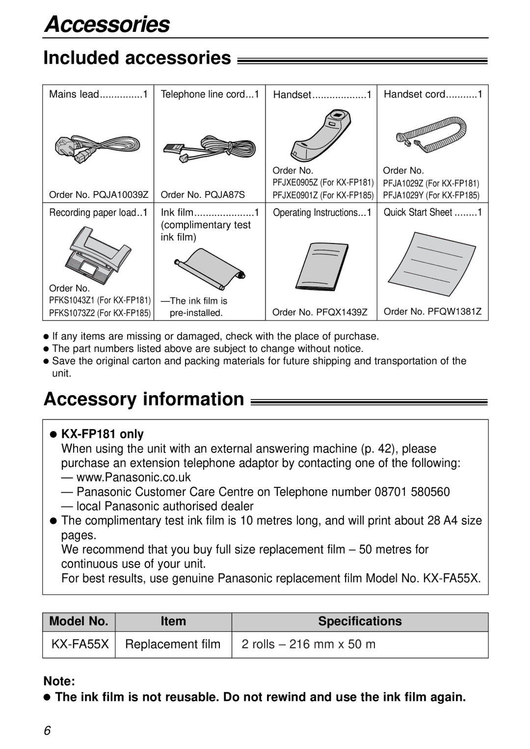 Panasonic KX-FP181E operating instructions Accessories, Included accessories, Accessory information 