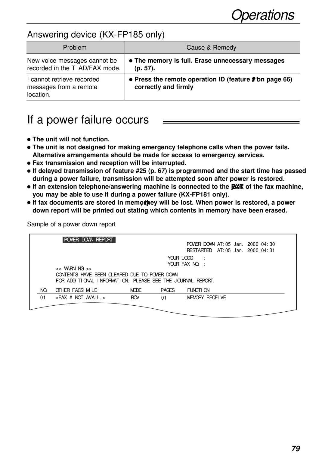 Panasonic KX-FP181E operating instructions If a power failure occurs, Sample of a power down report 