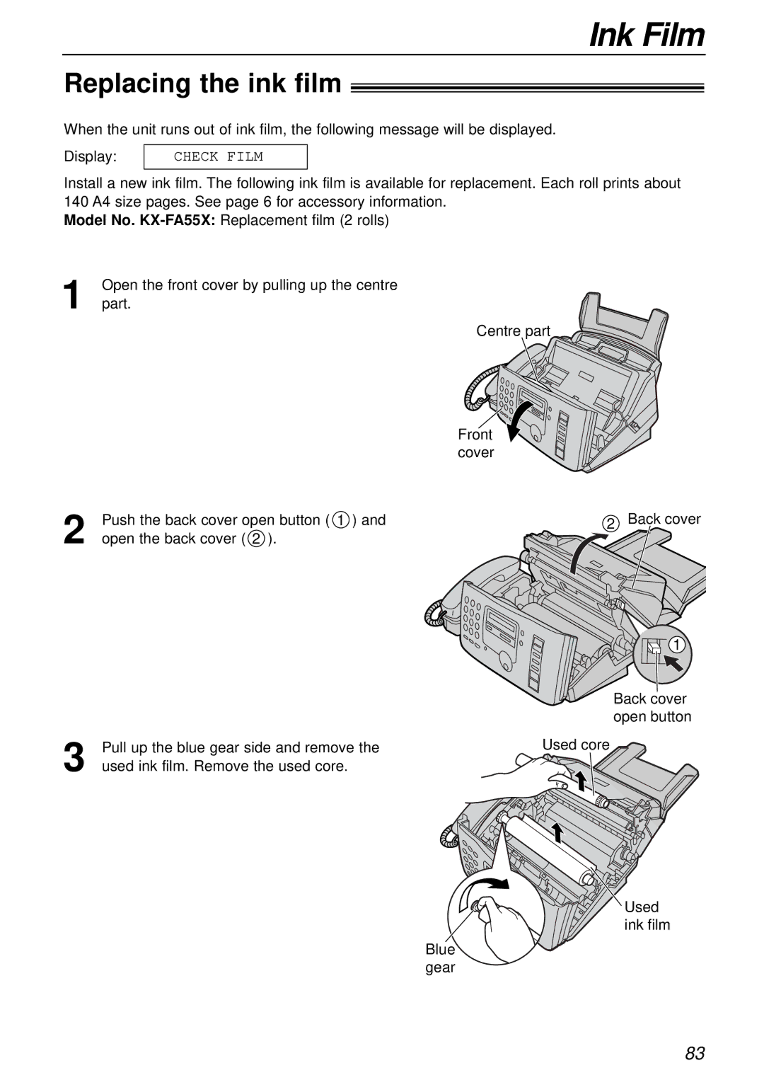 Panasonic KX-FP181E operating instructions Ink Film, Replacing the ink film 