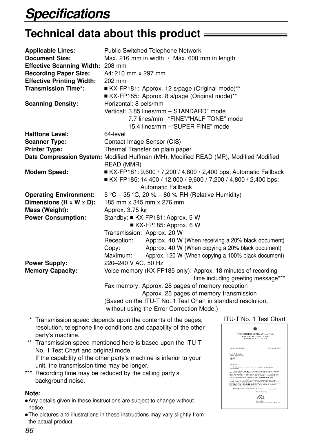 Panasonic KX-FP181E operating instructions Specifications, Technical data about this product 