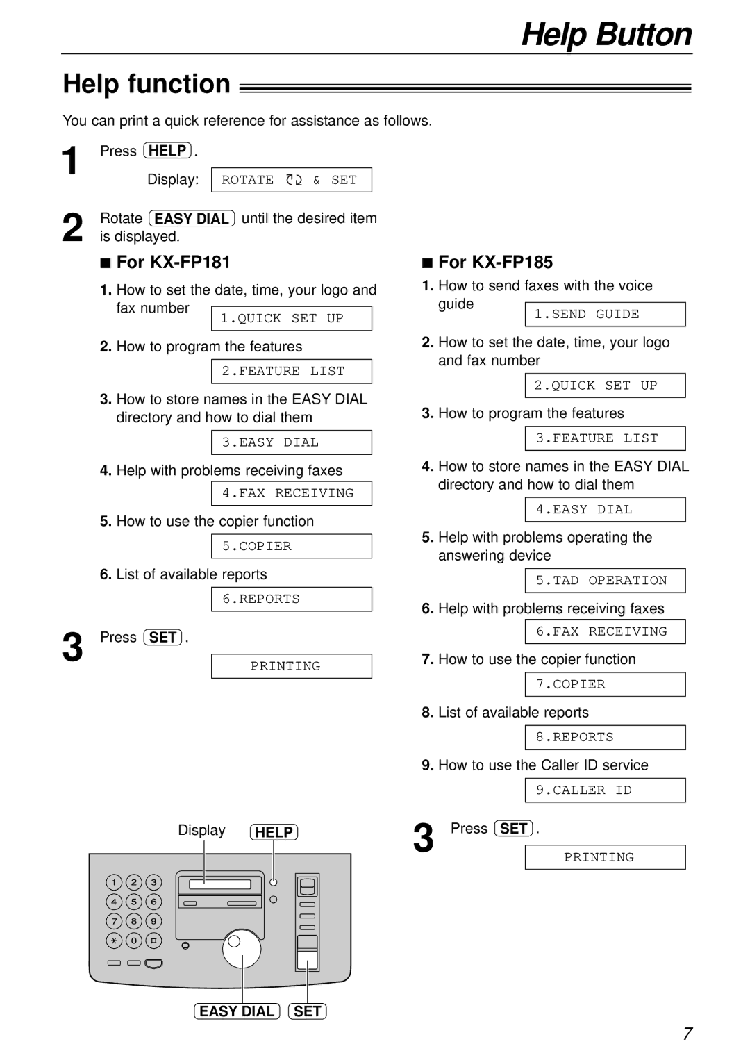 Panasonic KX-FP181E operating instructions Help Button, Help function, Easy Dial SET 