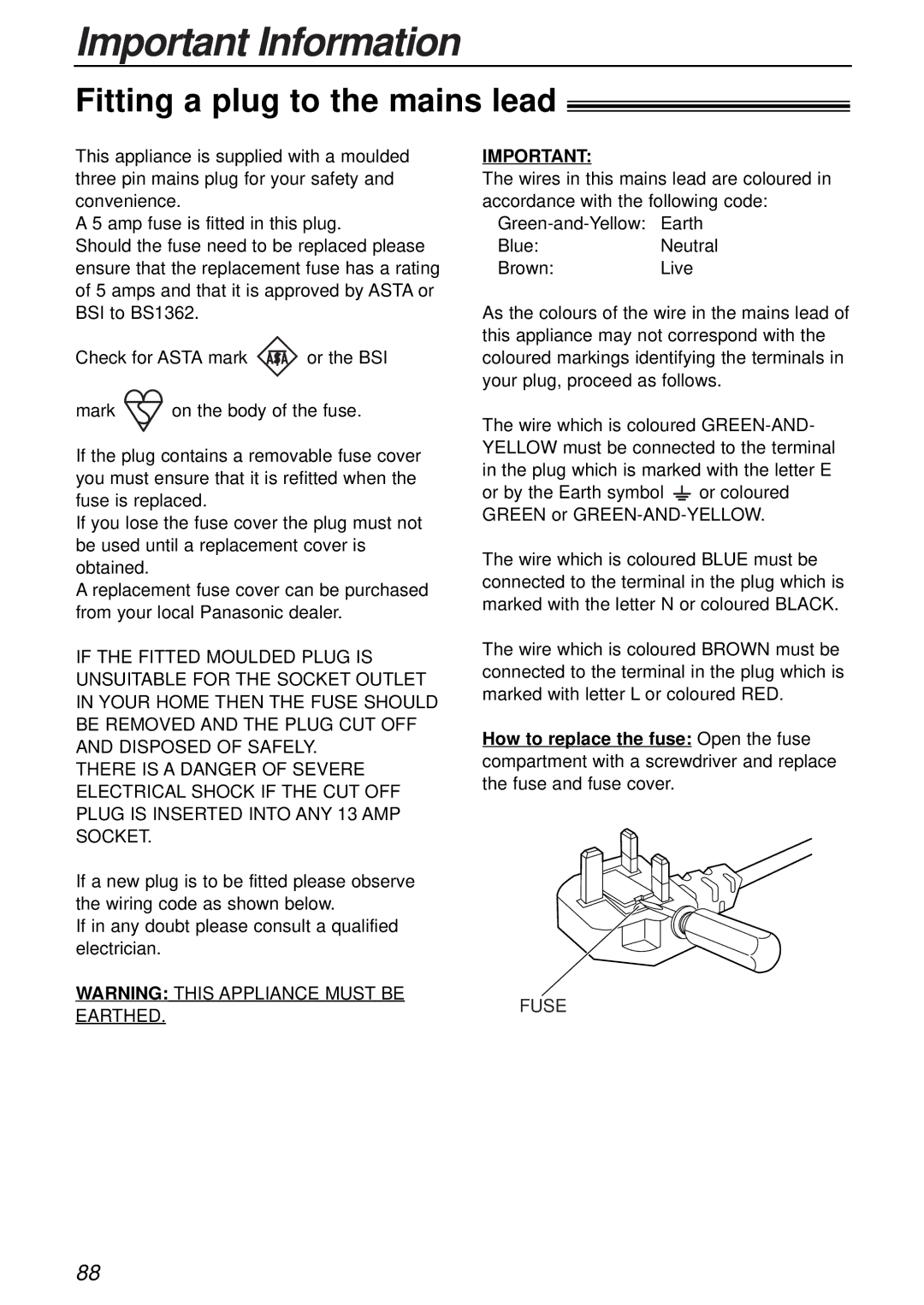 Panasonic KX-FP181E operating instructions Fitting a plug to the mains lead 