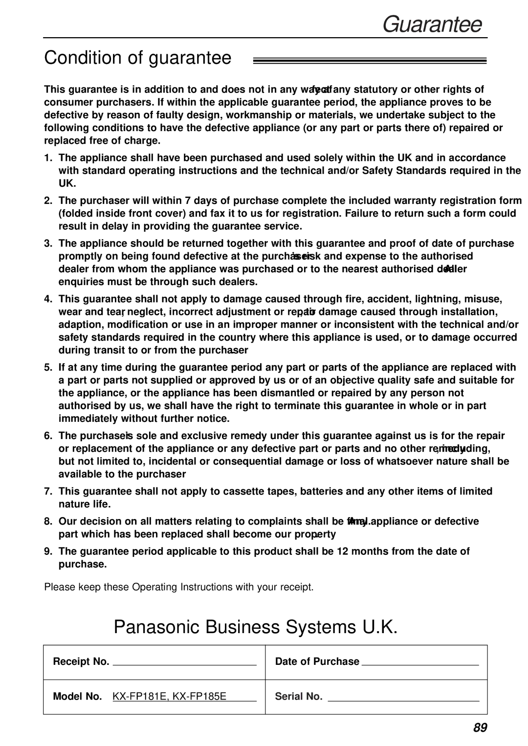 Panasonic Guarantee, Condition of guarantee, Panasonic Business Systems U.K, Model No. KX-FP181E, KX-FP185E 