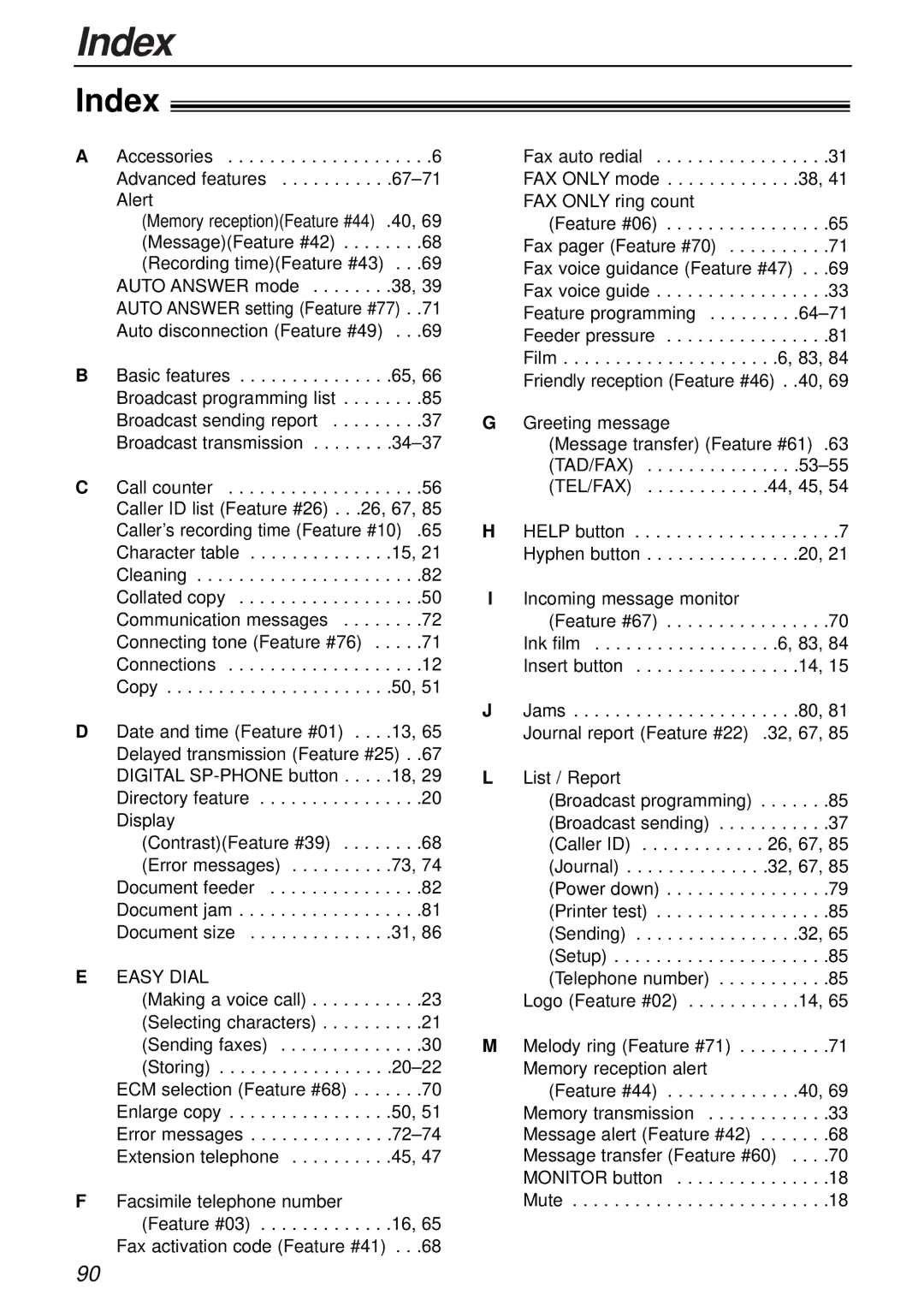 Panasonic KX-FP181E operating instructions Index 