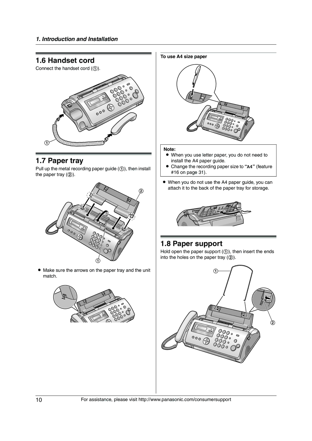 Panasonic KX-FP205 operating instructions Handset cord, Paper tray, Paper support, To use A4 size paper 