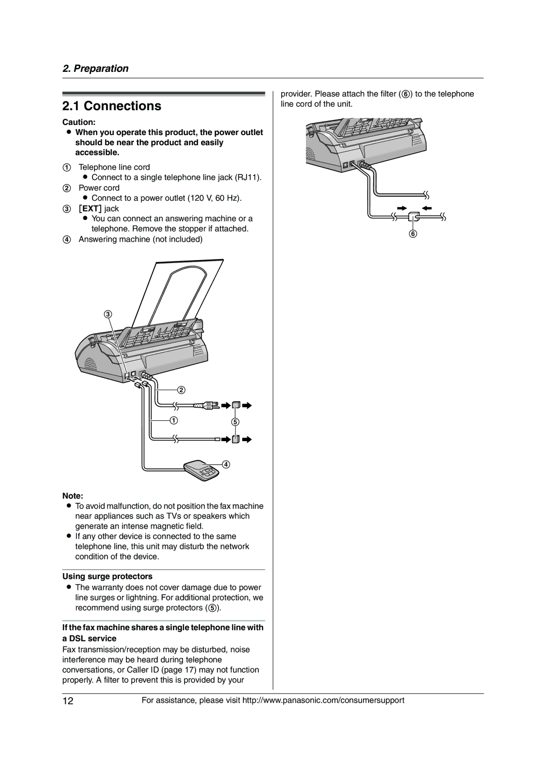 Panasonic KX-FP205 operating instructions Connections, Using surge protectors 