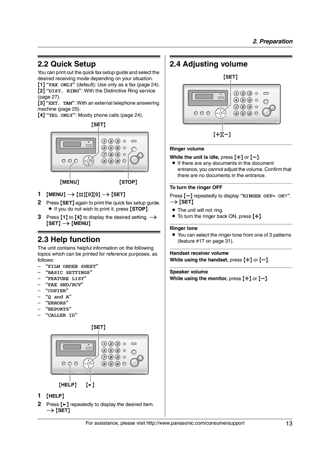 Panasonic KX-FP205 operating instructions Quick Setup, Help function, Adjusting volume, SET Menu Stop 